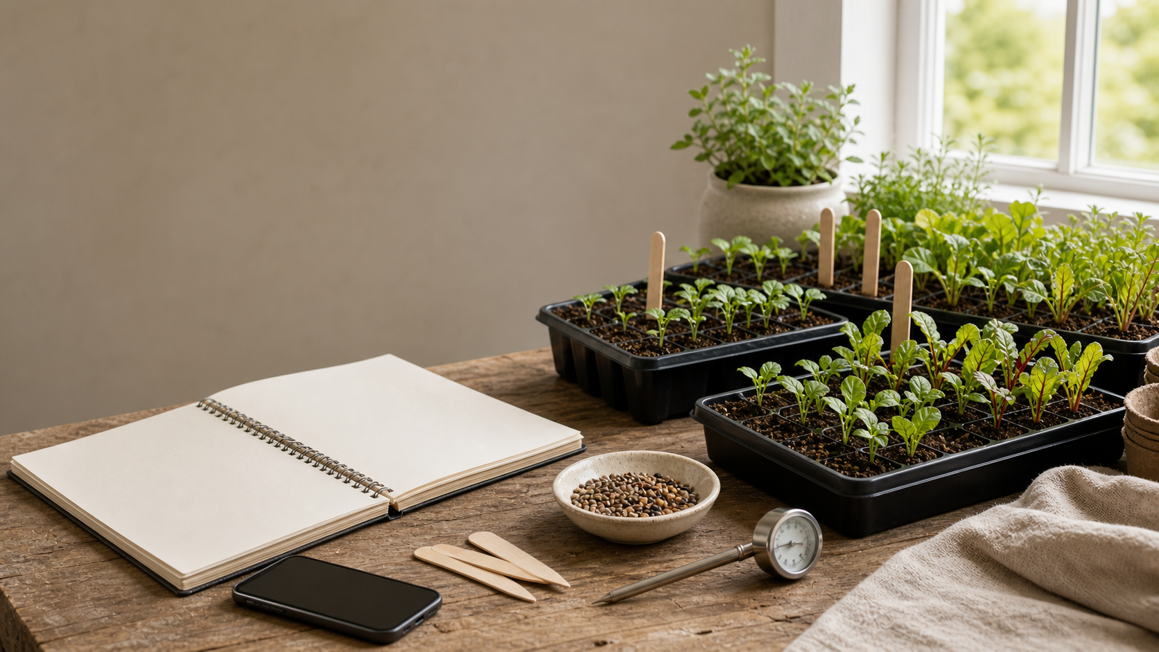 Organized seed-starting trays and gardening notes