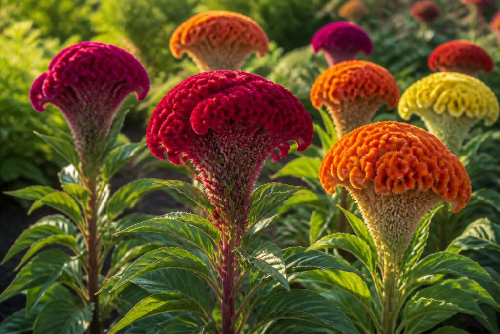 Giant Cockscomb Mix Celosia flowers growing in a garden