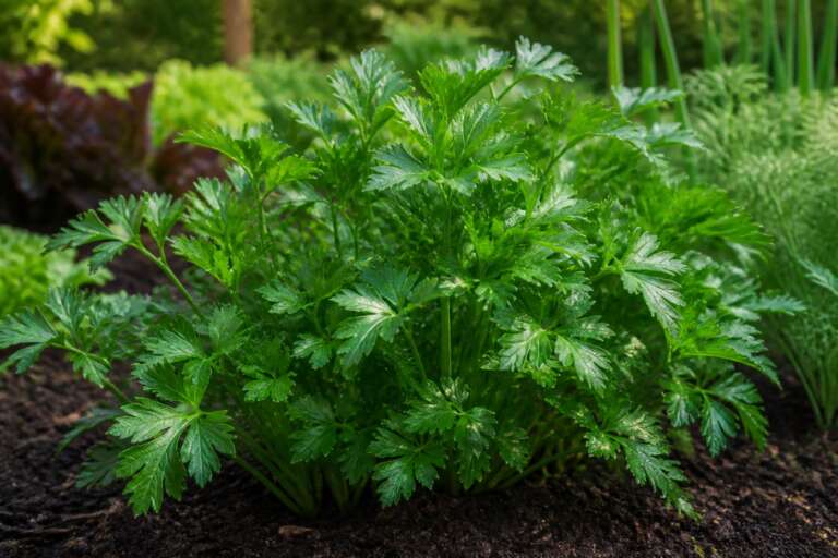 Italian Giant Flat Leaf Parsley herb growing in a garden