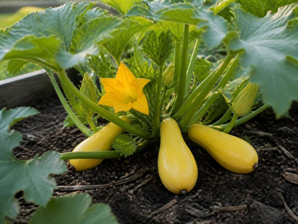Straightneck Summer Squash plant growing in a garden