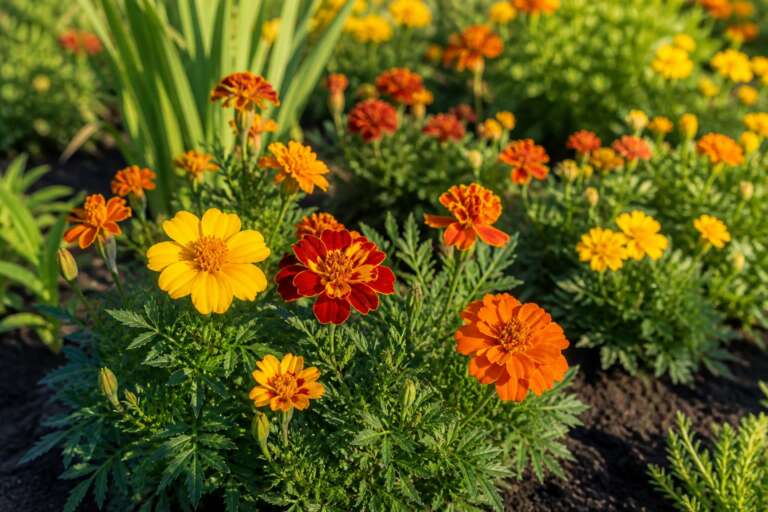 Sparky Mix Marigold flowers growing in a garden